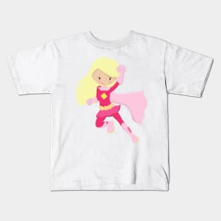 Superhero Girl, Cute Girl, Blonde Hair, Pink Cape Kids T-Shirt